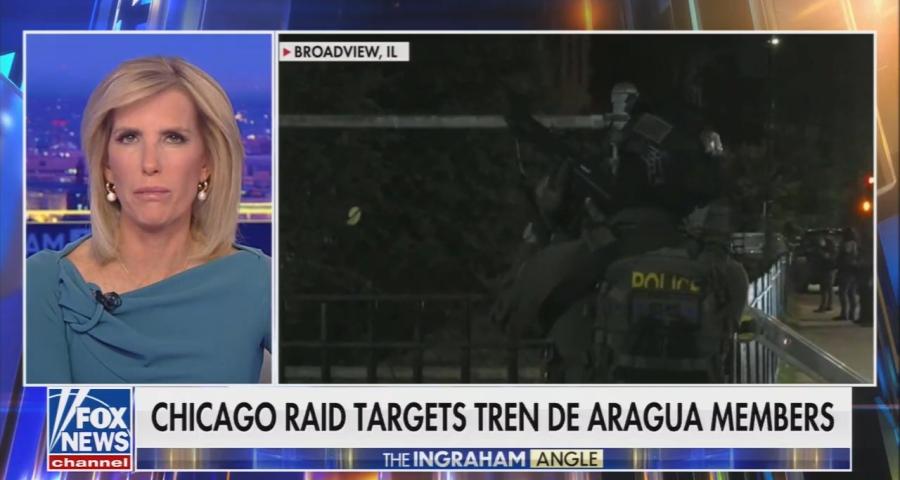 Laura Ingraham's show with a chyron that reads, "Chicago raid targets Tren de Aragua members"