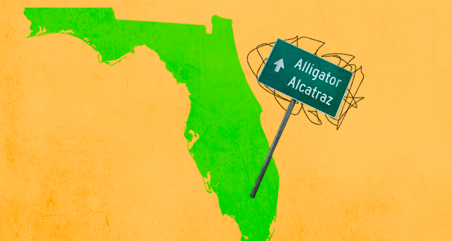 Image of the state of Florida with a sign that reads "Alligator Alcatraz"