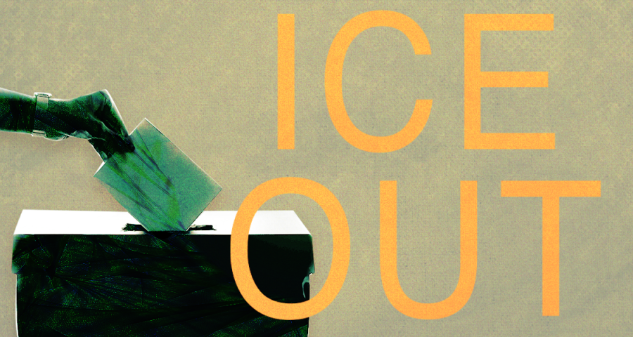 A vote being cast next to the words "ICE OUT"