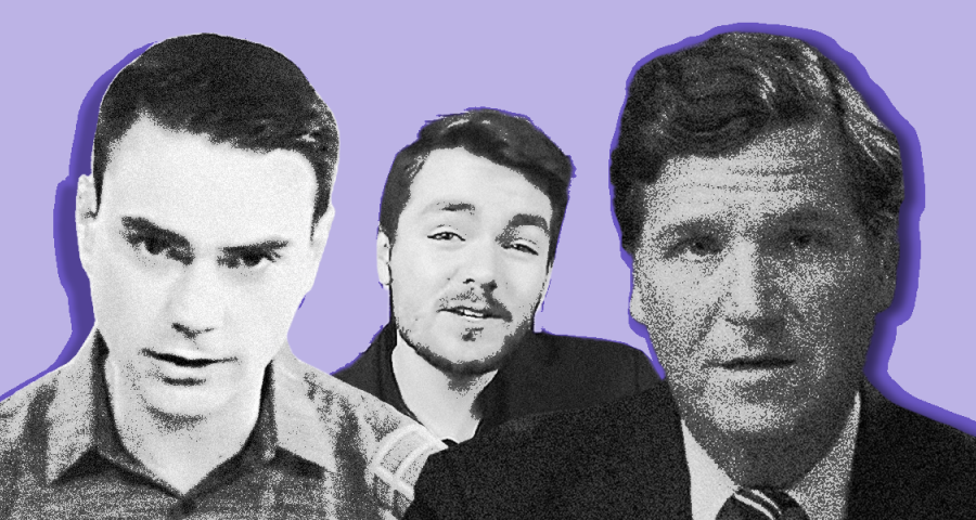 headshots of ben shapiro, nick fuentes, and tucker carlson in black and white against a purplish blue background