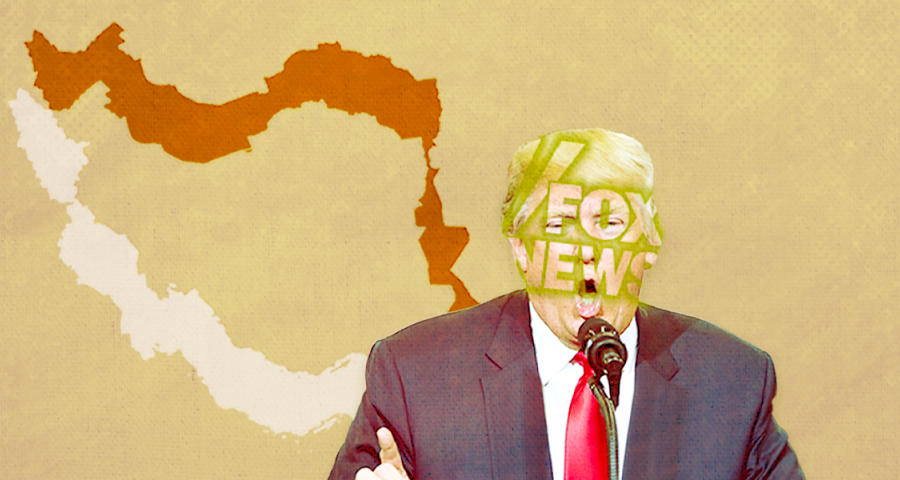 Trump w/ Fox News logo over outline of Iran