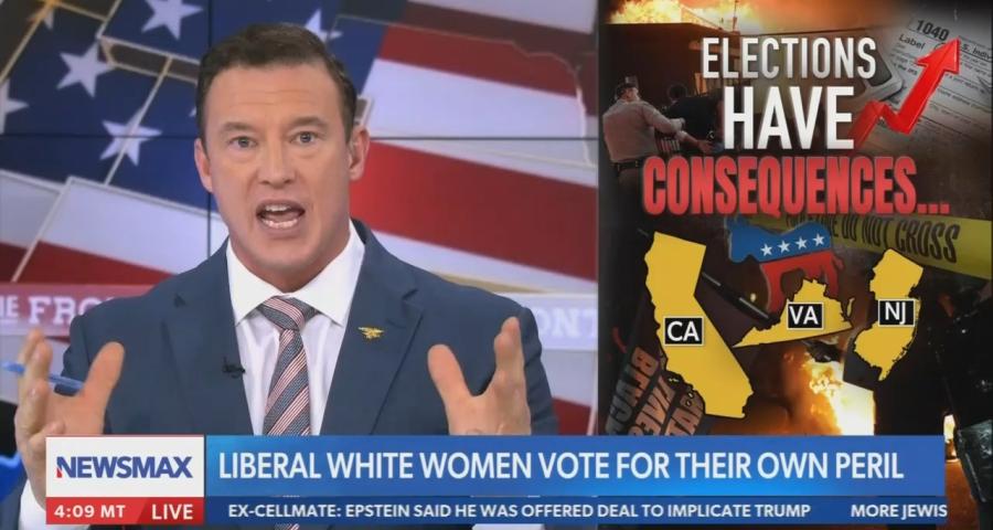 still of Higbie; chyron: Liberal white women vote for their own peril