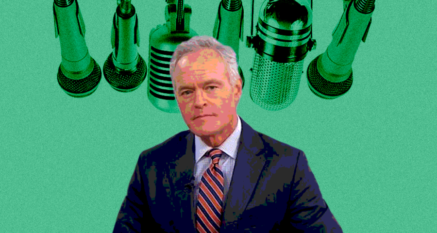 Scott Pelley in front of microphones 