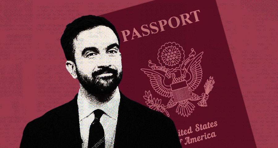Zohran Mamdani with a U.S. passport in the background