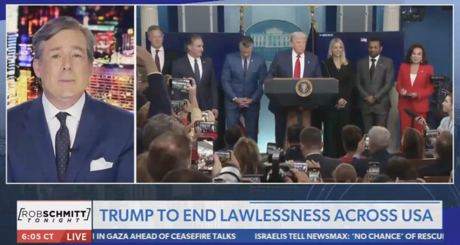 Newsmax screenshot with chyron reading, "Trump to end lawlessness across America"