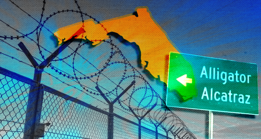 Florida, a security fence, and a sign that says alligator alcatraz