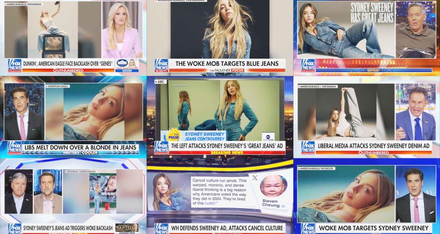 collage of Fox News graphics featuring Sydney Sweeney American Eagle jeans ad