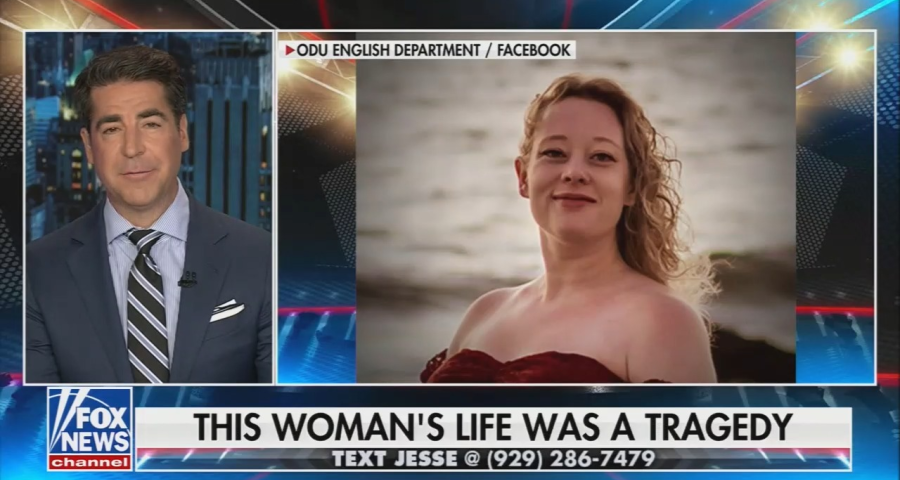 Screenshot from Jesse Watters Primetime with a photo of Renee Nicole Good and a chyron reading, "This woman's life was a tragedy"