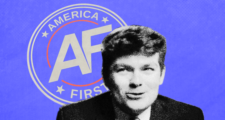 Image of Fuentes in front of his America First logo in blue 