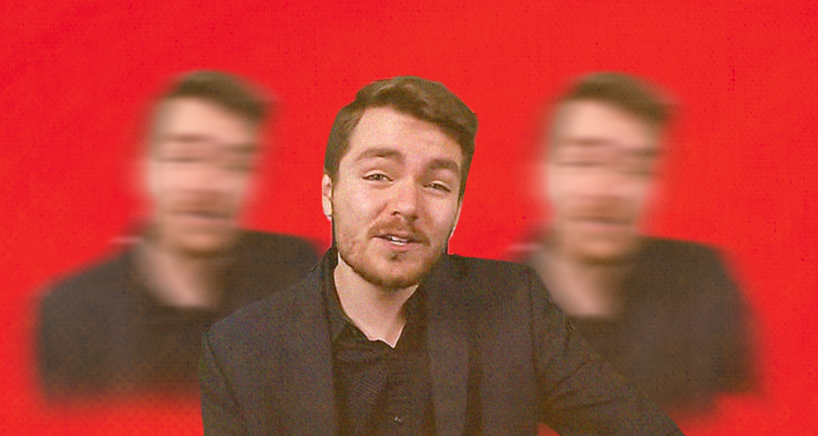 Image of Nick Fuentes superimposed upon three, blurrier Fuenteses in the background, with a red backdrop 