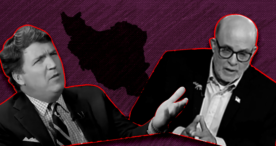 Tucker Carlson and Mark Levin in front of a map of Iran