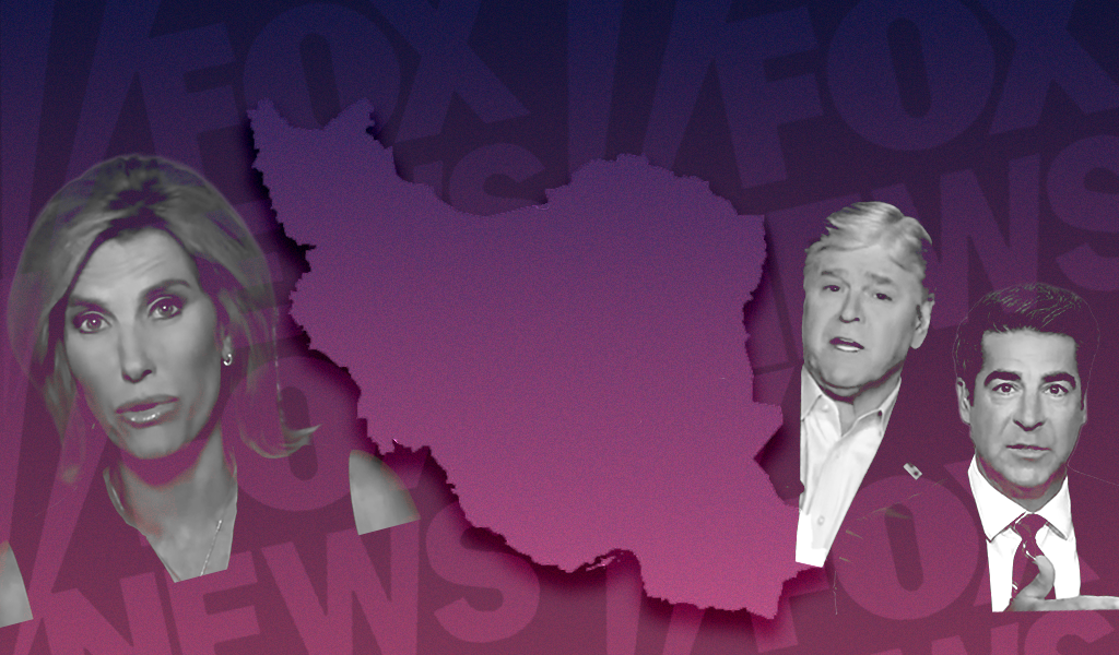 Laura Ingraham on one side of Iran, Sean Hannity and Jesse Watters on the other