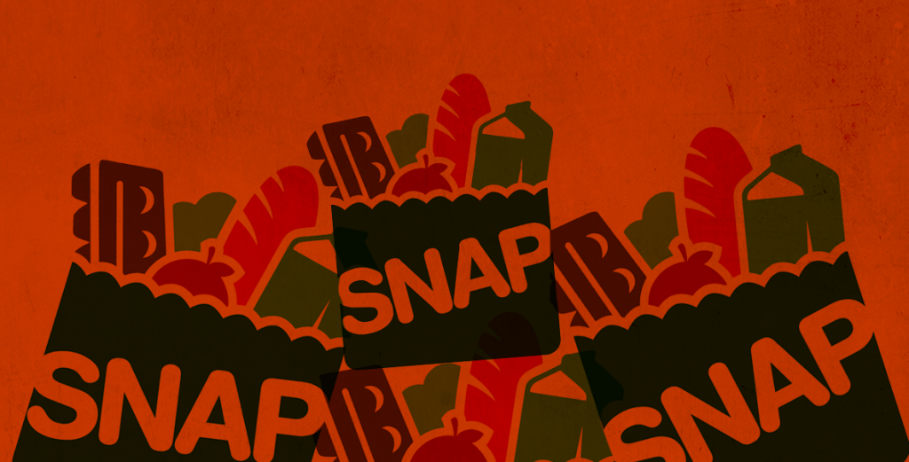 Paper bags with food with "SNAP" written on them