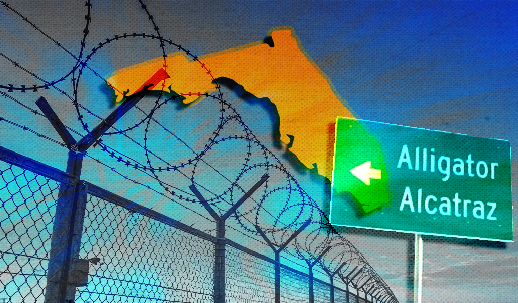 Florida, a security fence, and a sign that says alligator alcatraz