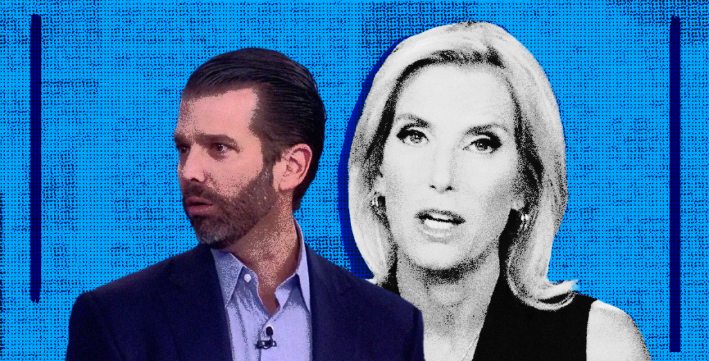 Stylized still images of Donald Trump Jr and Laura Ingraham, with a blue background.