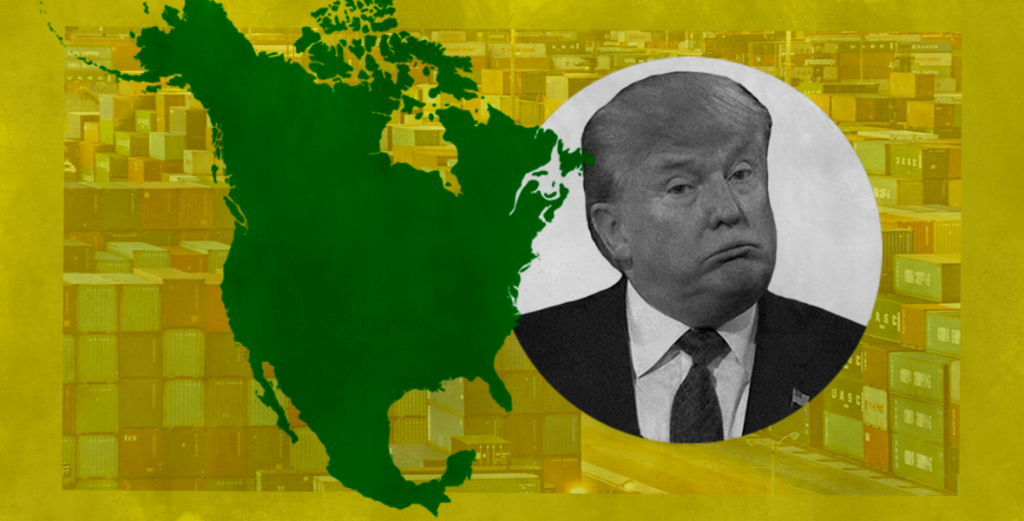 A map of the Americas and a picture of Donald Trump